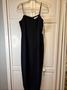 Adrianna Papell Black Slip Midi Dress with Spaghetti Straps back slit